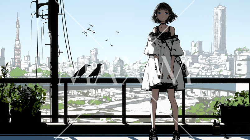 若い女性が佇む都市の街角（シンプルな色使い）