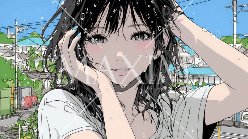 ヘアーシャワーの後の濡れ髪の若い女性