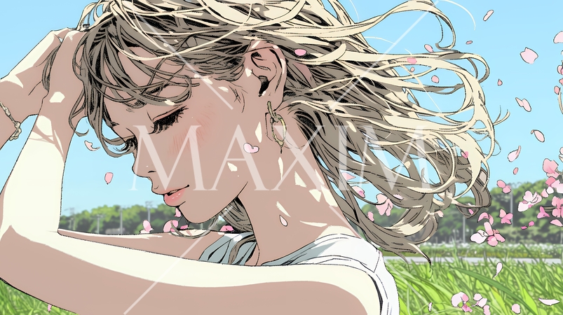 満開の桜の下、春風に乱れた髪を整える若い女性