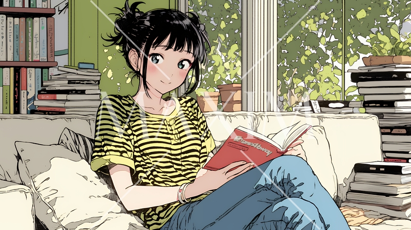 読書の秋：リビングルームで本を読んでいる若い女性