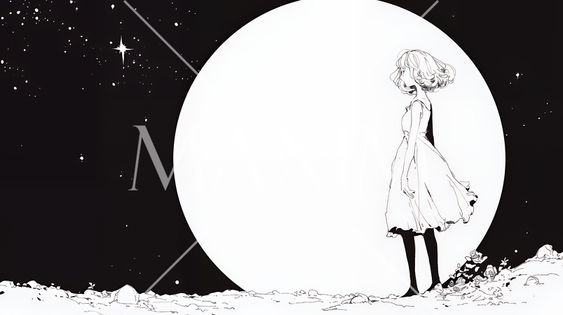 月見をしている若い女性（シンプルな色使い）