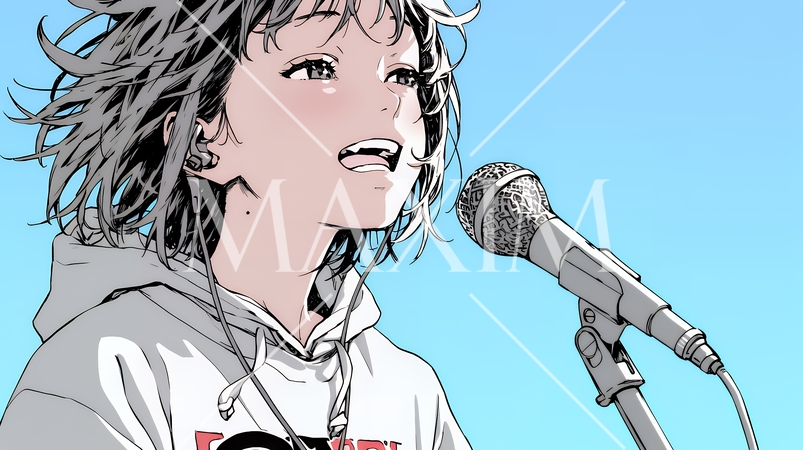 ステージでマイクを握り、情熱的に歌い上げる女性