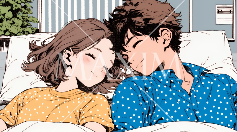 寄り添いながら穏やかに眠る若いカップル