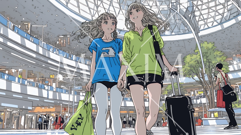 女友達と一緒にショッピングモールを歩き回る若い女性