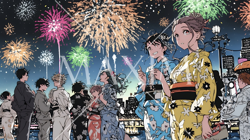 都会の花火大会と浴衣姿の若い女性