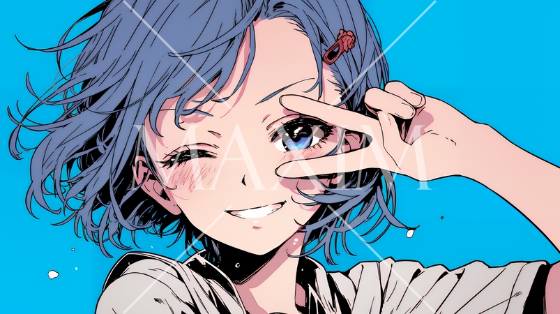 ウィンクしている女性：ピースサイン