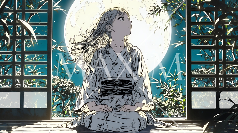 月見をしている和服姿の若い女性