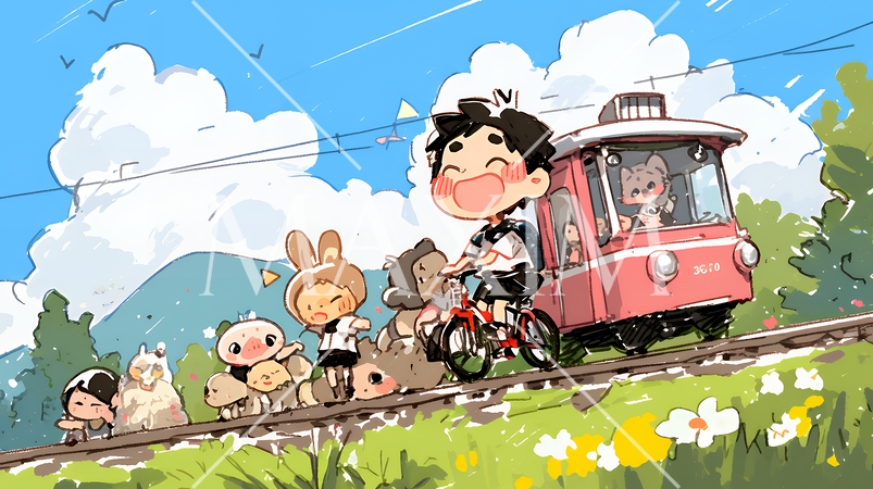 小学生の夏の思い出：トロッコ電車と自然の動物たち（クレヨン＋水彩画風）