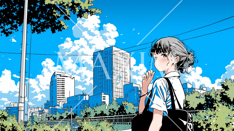 都市の町並みと夏の青空