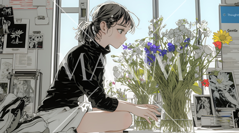 おもてなし（優しい心遣い）：来客のために花瓶に花を生ける若い女性