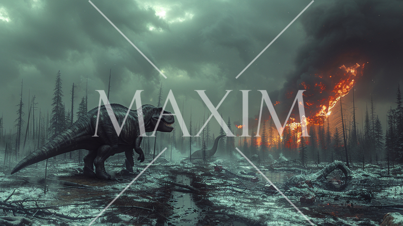 6500万年前、巨大隕石衝突による大森林火災と大寒波に見舞われている恐竜：精緻CG