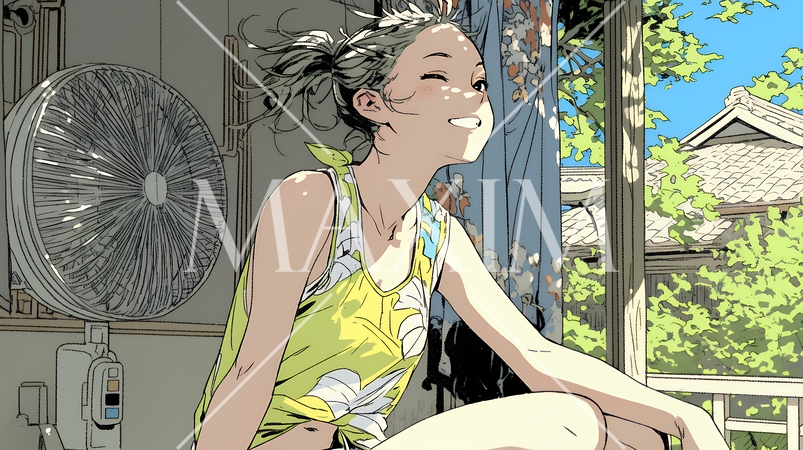 暑い夏の昼下がり、扇風機にあたって涼んでいる若い女性