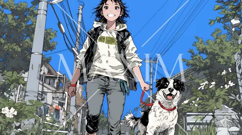 愛犬と散歩している若い女性