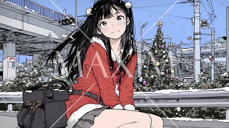 ホワイトクリスマスの街を歩く若い女性