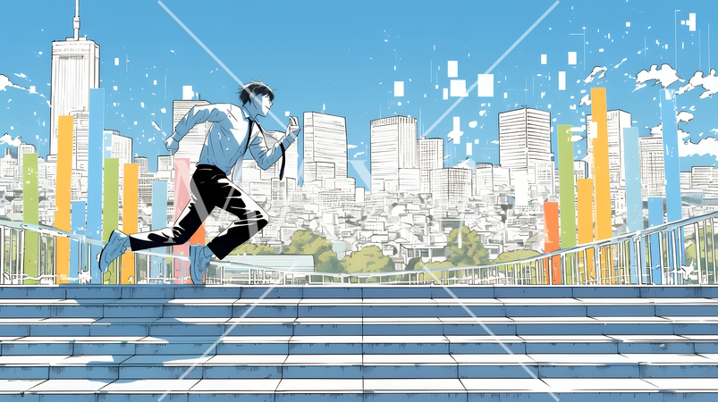 棒グラフの都会の町並みを駆け抜けるビジネスパーソン