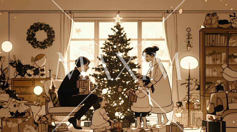 仲良し親子の楽しいクリスマス（シンプルな色使い）