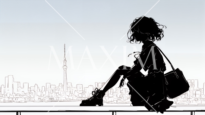 若い女性が佇む都市の街角（シンプルな色使い）