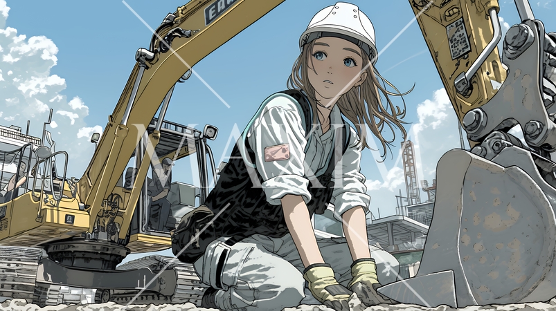 建設現場で重機を操作する若い女性