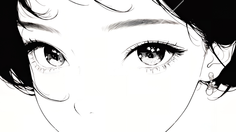 輝く瞳で見つめる好奇心旺盛な若い女性（シンプルな色使い）