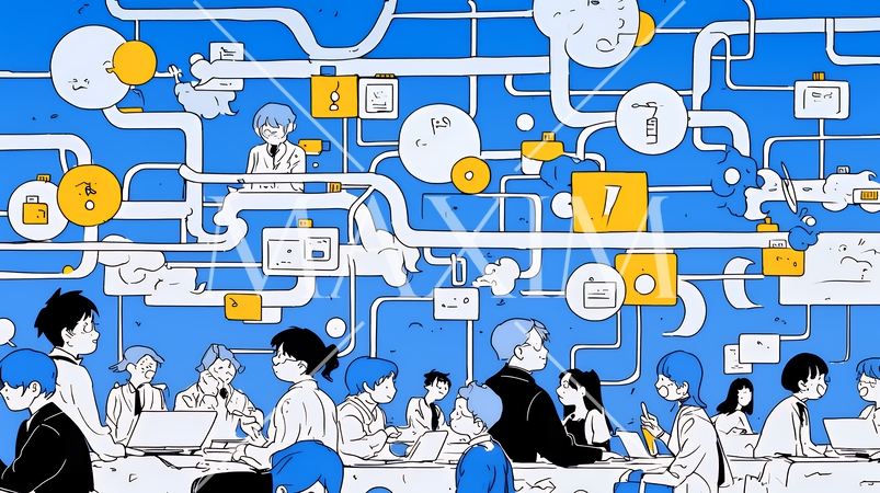 ITビジネスとクラウド技術のコンセプト｜ノートPCで働くチームとデータネットワークのイメージ