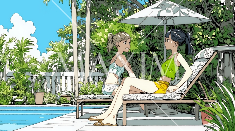 プールサイドのデッキチェアで談笑する女友達たち｜夏のリゾートで過ごすリラックスしたライフスタイルイメ