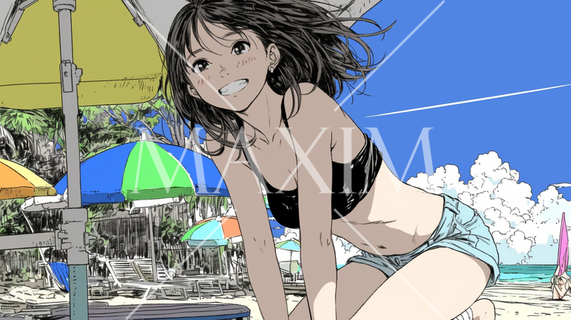 南国の海岸にビキニ姿でいる若い女性