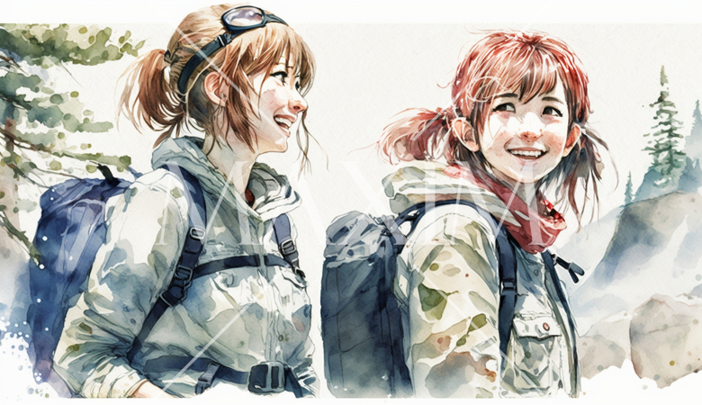 山にハイキングに来ている仲の良い若い女友達：水彩画