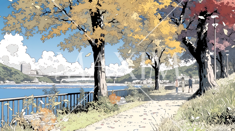 水辺の紅葉風景