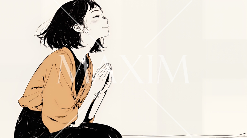 手を合わせてお祈りをしている若い女性（シンプルな色使い）
