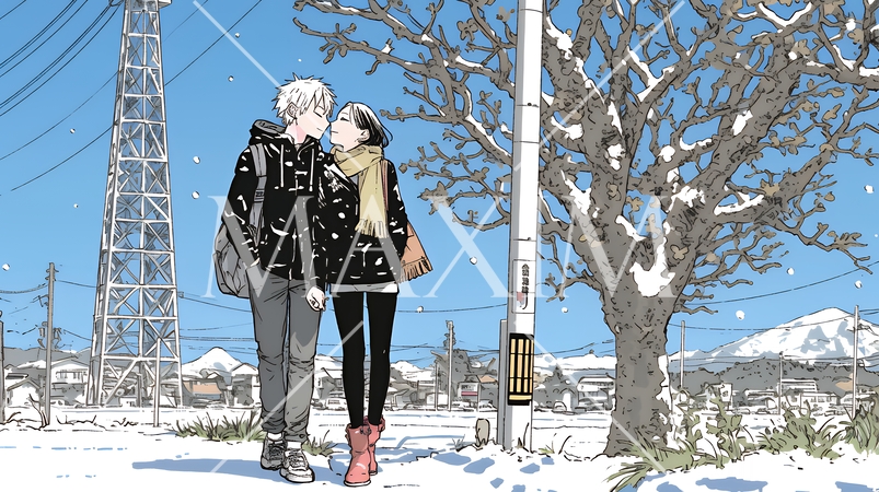 冬枯れ街をデートしている若い恋人たち