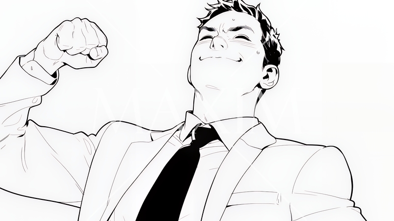 ガッツポーズ（拳を握って力強く）をしているビジネスマン（シンプルな色使い）