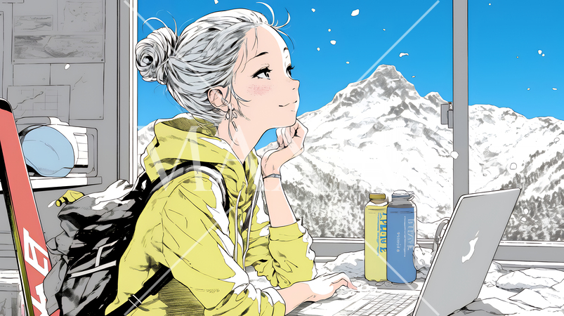 スキーリゾートに来ているのにPCを手放せない若い女性