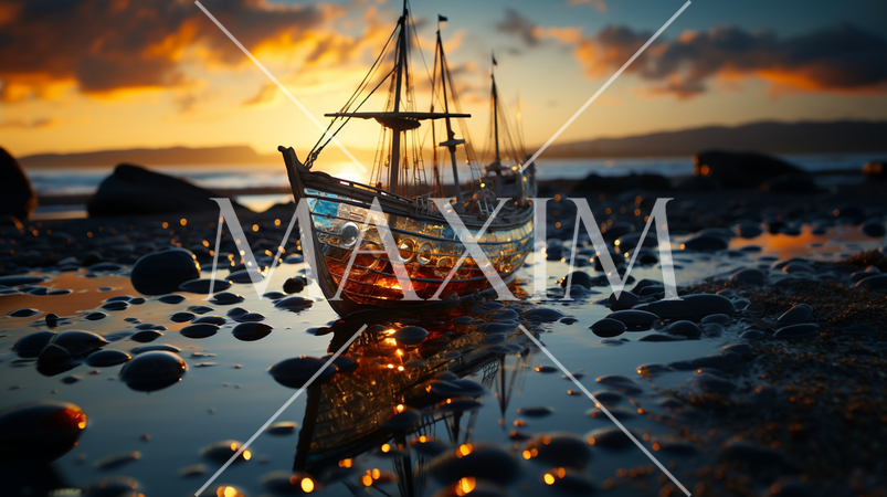 浜辺に打ち上げられたガラスの船