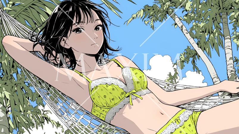 沖縄の青空の下、下着姿でハンモックで休んでいる若い女性