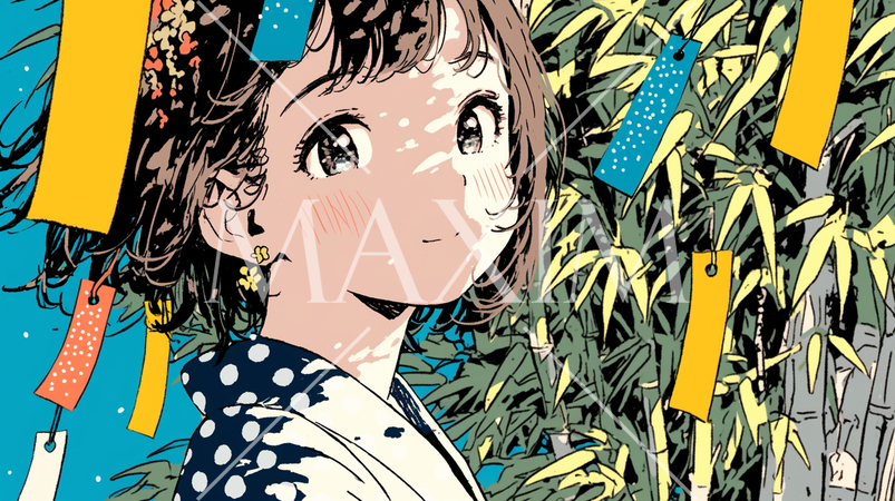 七夕の笹と浴衣姿の若い女性