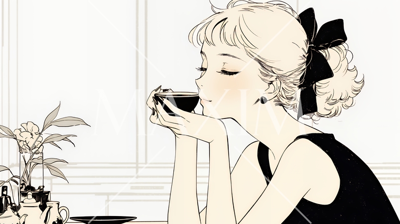 リビングで紅茶を飲んでいる女性（シンプルな色使い）