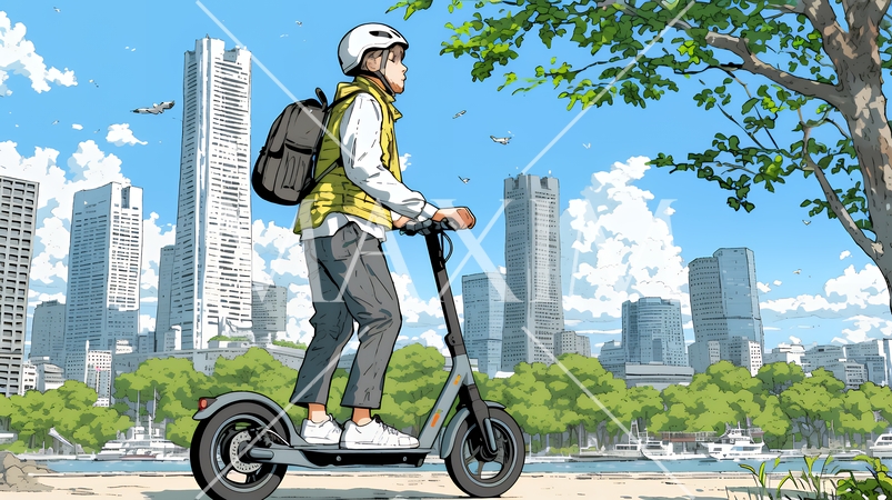 特定小型原付で都会を移動するビジネスパーソン