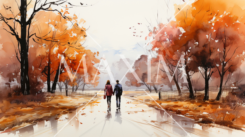 恋人達がいる秋の公園：木々が色づいている水彩画