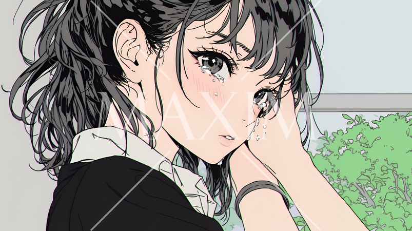 涙ぐむ制服姿の女子高生