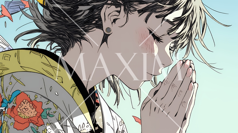 手を合わせてお祈りをしている和服姿の若い女性