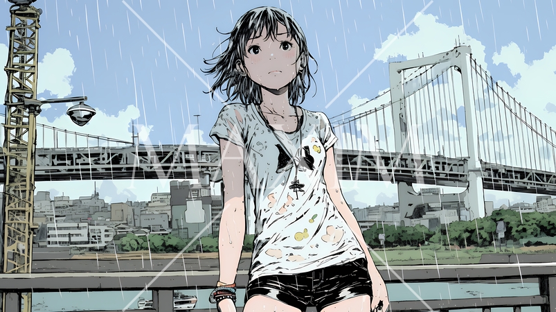 夏の急な雨でびしょ濡れの若い女性