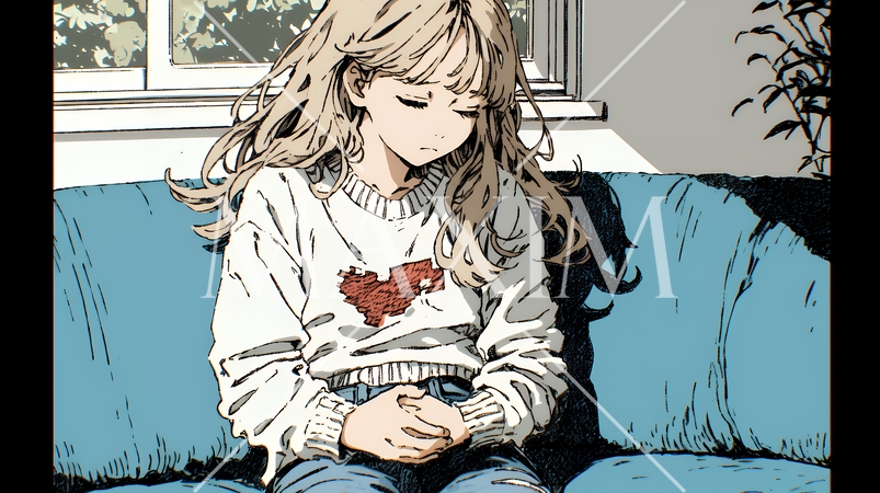 腹痛（生理痛）に苦しむ若い女性