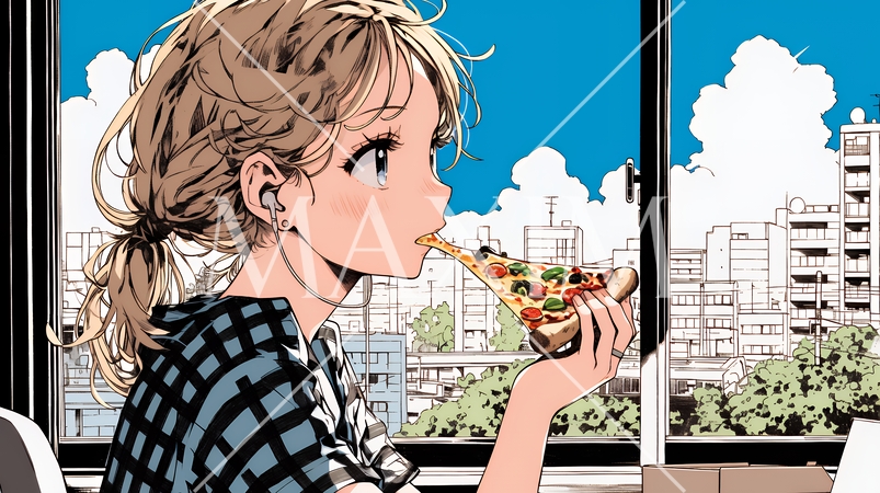 ピザを食べている若い女性