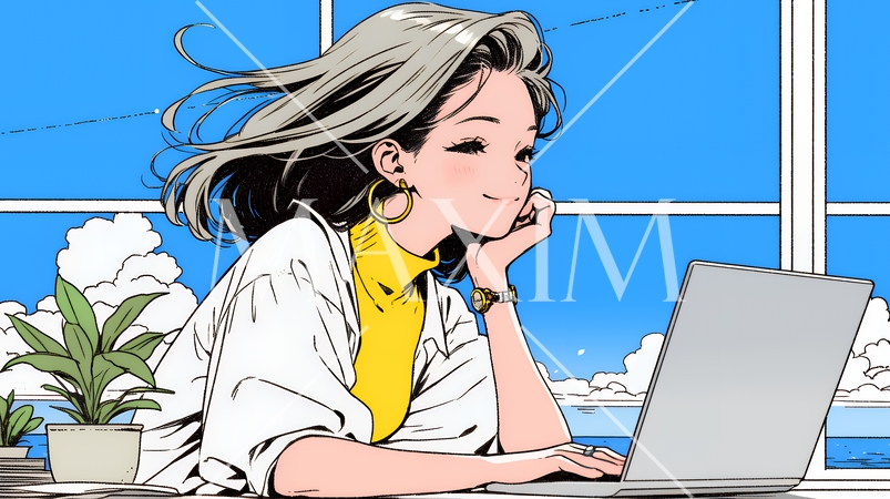 ワーケーション：休暇を楽しみながら仕事をしている女性