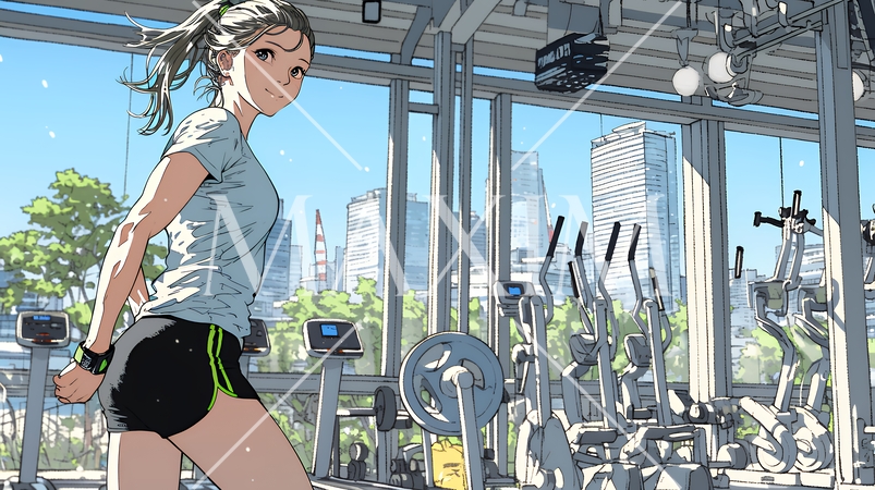 休日にジムで軽く運動する若い女性