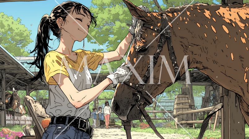 馬の世話をしている若い女性