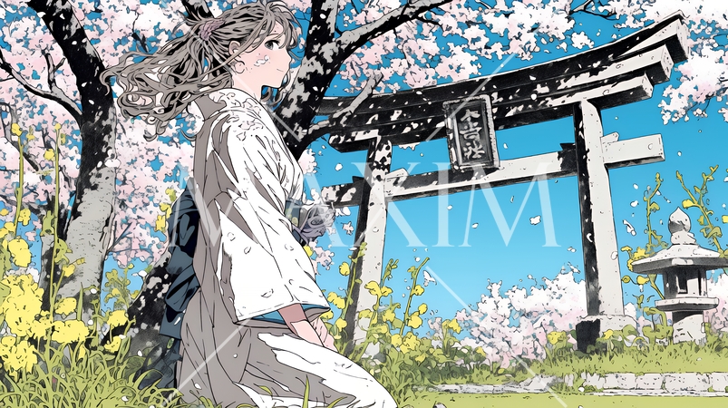 満開の桜の木の下を歩く若い女性