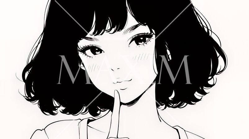 指を唇に当てて「シーShh」というジェスチャーをしている女性（シンプルな色使い）