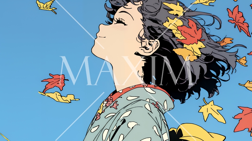 紅葉に包まれた中、着物を纏った若い女性が佇んでいる