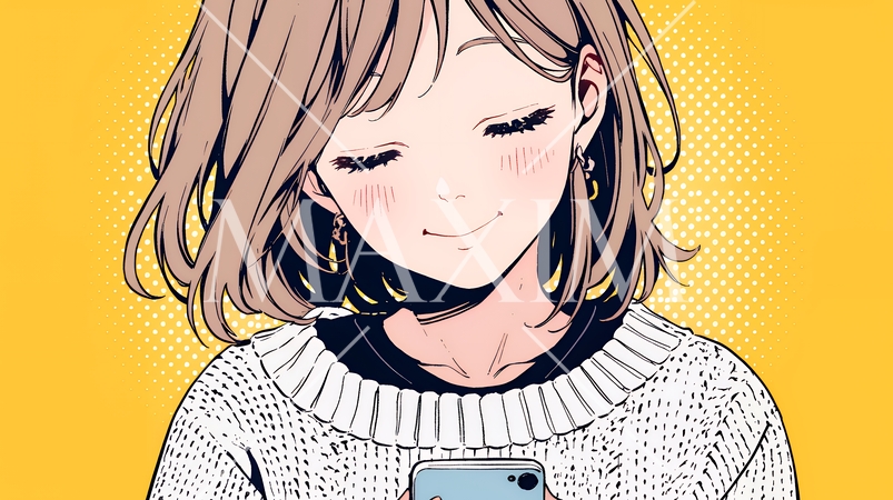 楽しそうにスマホ画面を眺めている若い女性